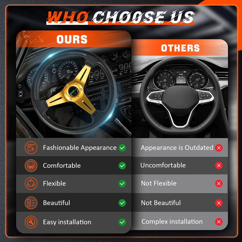 RASTP Universal Racing Steering Wheel 13.8â€/350mm 6 Bolts Grip Vinyl Leather & Aluminum with Horn Button for Car -Gold - Image 3